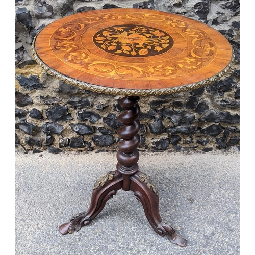 183 - A 19th century wine table, having a walnut veneered top, marquetry inlaid with a flowers to the cent... 