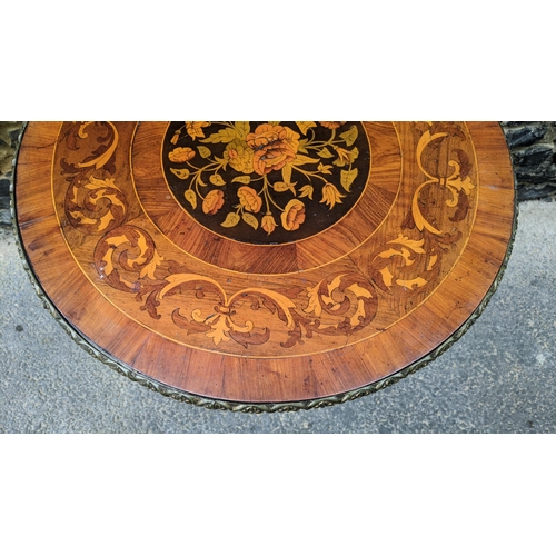 183 - A 19th century wine table, having a walnut veneered top, marquetry inlaid with a flowers to the cent... 