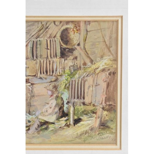 234 - James Hardy Jnr (1832-1899) A watercolour depicting two figures in a barn scene, signed and dated 62... 