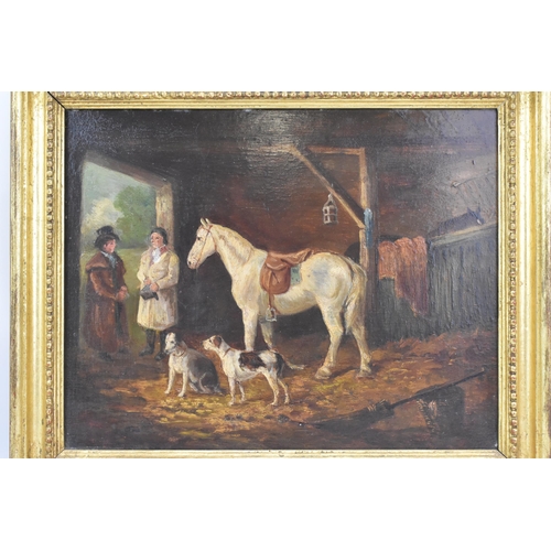 244 - Thomas Hand (1771-1804) An oil on board depicting a stable scene with two figures, horse and two dog... 