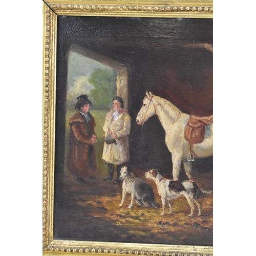 244 - Thomas Hand (1771-1804) An oil on board depicting a stable scene with two figures, horse and two dog... 