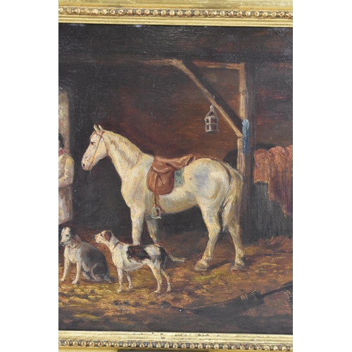 244 - Thomas Hand (1771-1804) An oil on board depicting a stable scene with two figures, horse and two dog... 