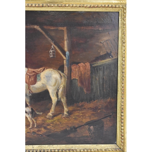 244 - Thomas Hand (1771-1804) An oil on board depicting a stable scene with two figures, horse and two dog... 