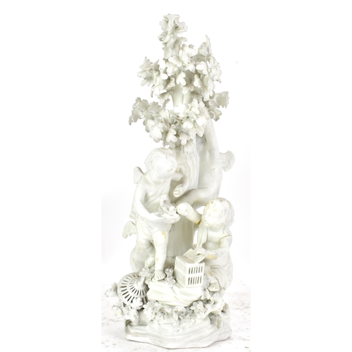 245 - A Derby biscuit porcelain group, circa 1775-85 modelled as four putti circling an oak tree, with bir... 