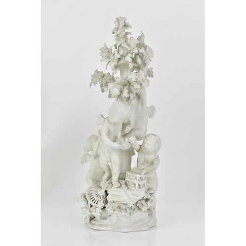 245 - A Derby biscuit porcelain group, circa 1775-85 modelled as four putti circling an oak tree, with bir... 