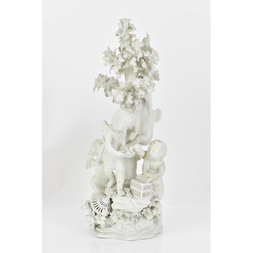 245 - A Derby biscuit porcelain group, circa 1775-85 modelled as four putti circling an oak tree, with bir... 