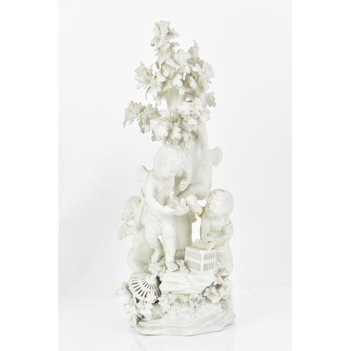 245 - A Derby biscuit porcelain group, circa 1775-85 modelled as four putti circling an oak tree, with bir... 