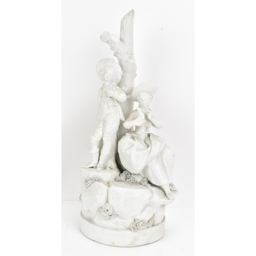 246 - A 19th century parian ware figure group, in the form of two figures leaning against a tree, the seat... 