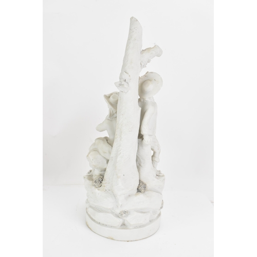 246 - A 19th century parian ware figure group, in the form of two figures leaning against a tree, the seat... 