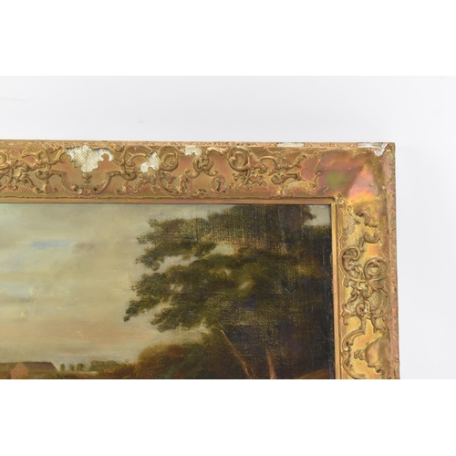 250 - A 19th century oil on canvas depicting a spaniel dog in a wooded landscape scene with buildings to t... 