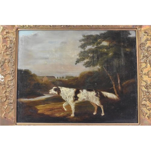 250 - A 19th century oil on canvas depicting a spaniel dog in a wooded landscape scene with buildings to t... 