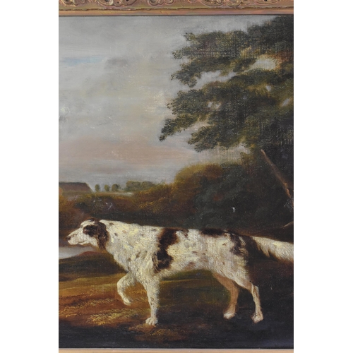 250 - A 19th century oil on canvas depicting a spaniel dog in a wooded landscape scene with buildings to t... 