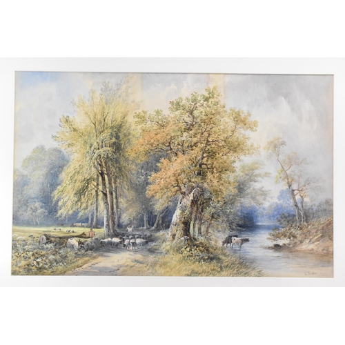 253 - Smythe - A late 19th/early 20th watercolour landscape scene depicting cows in a river and a shepherd... 