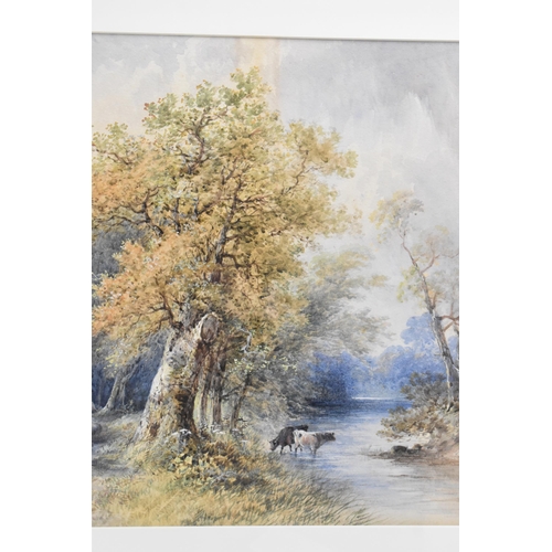 253 - Smythe - A late 19th/early 20th watercolour landscape scene depicting cows in a river and a shepherd... 