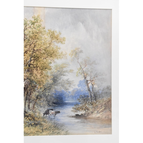 253 - Smythe - A late 19th/early 20th watercolour landscape scene depicting cows in a river and a shepherd... 