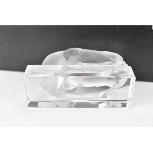 35 - A Lalique frosted glass paperweight fashioned as bull raised on a base, signed 'Lalique France' to t... 