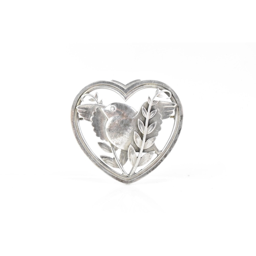 48 - A Georg Jensen Danish sterling silver heart bird brooch, import marks for London 1950, designed by A... 