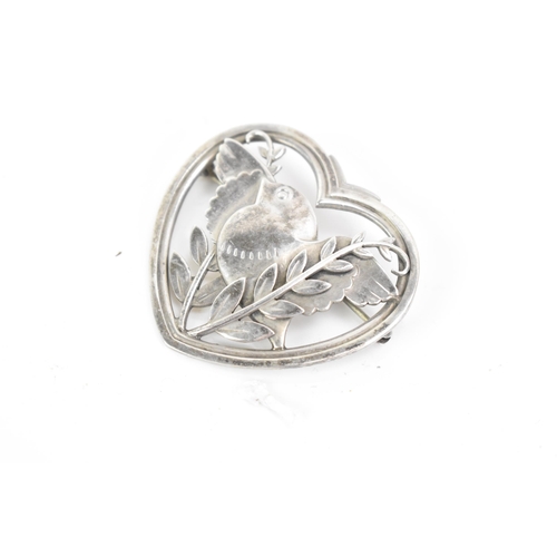 48 - A Georg Jensen Danish sterling silver heart bird brooch, import marks for London 1950, designed by A... 