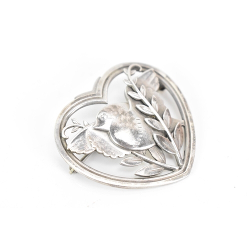 48 - A Georg Jensen Danish sterling silver heart bird brooch, import marks for London 1950, designed by A... 