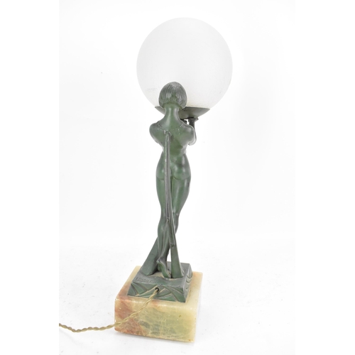 84 - After Limousin, a French Art Deco patinated spelter figural table lamp, in the form of a naked scarf... 