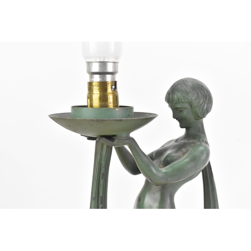 84 - After Limousin, a French Art Deco patinated spelter figural table lamp, in the form of a naked scarf... 