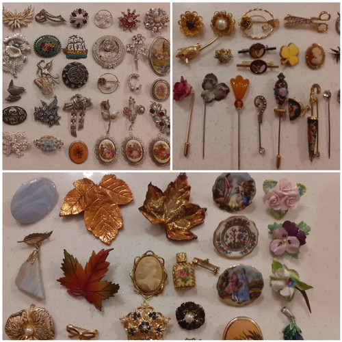 82 - A collection of brooches to include a white metal and enamelled Thai brooch of a ship, a micro-mosai... 