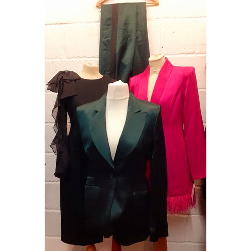 110 - Ssone and Aiden- An emerald green Metta jacket UK10 and matching trousers in lustrous satin having a... 