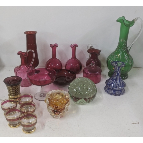 106 - Glassware to include a Victorian clump weight a pair of 19th century cranberry glass vases and other... 