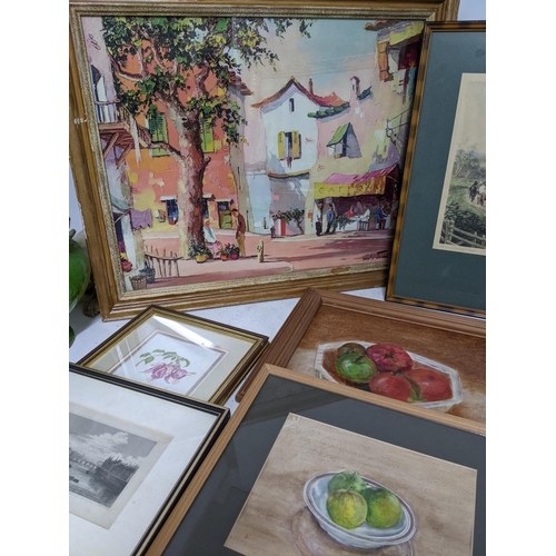 53 - A mixed lot of framed and glazed prints to include a D'Ogly John Parisian café scene print, along wi... 