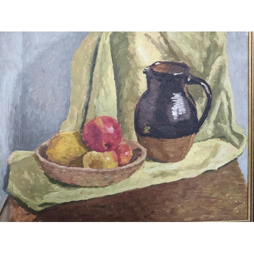 54 - A group of four framed oil paintings to include one by D. Arkey 1996 still life of a fruit on a tabl... 