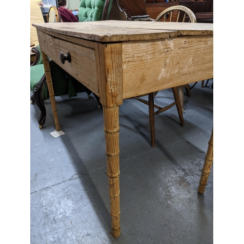 61 - A Victorian 19th century faux bamboo stripped pine side table, two frieze drawers on ring turned leg... 