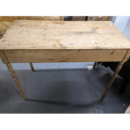 61 - A Victorian 19th century faux bamboo stripped pine side table, two frieze drawers on ring turned leg... 