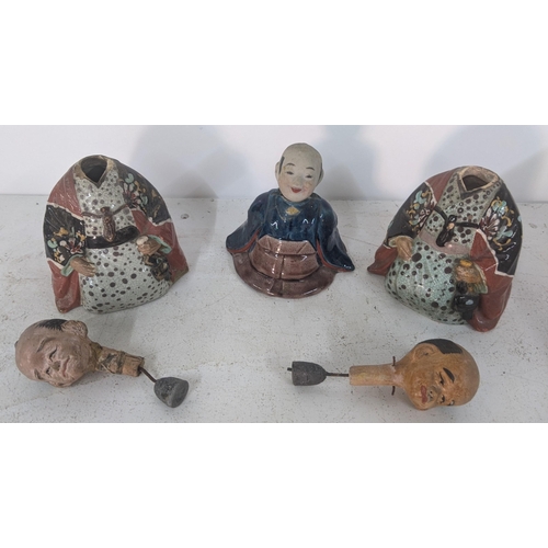 82 - Three early 20th century ceramic Chinese nodding figures, two are possibly a pair, together with a s... 