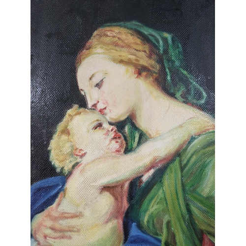 87 - An oil on canvas, mounted on board (at a later date) depicting Madonna and child with an elderly fig... 