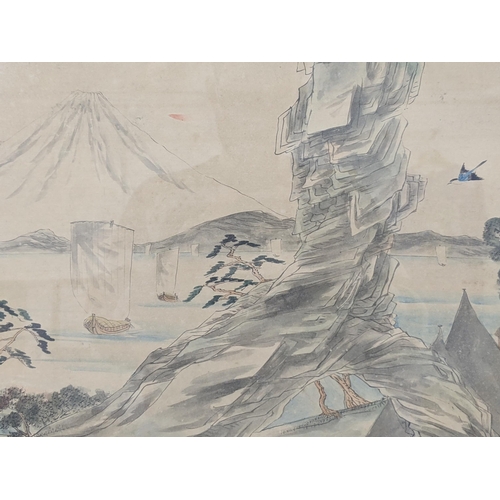 88 - A watercolour and ink picture depicting boats on the Urui River with Mount Fuji in the background, i... 