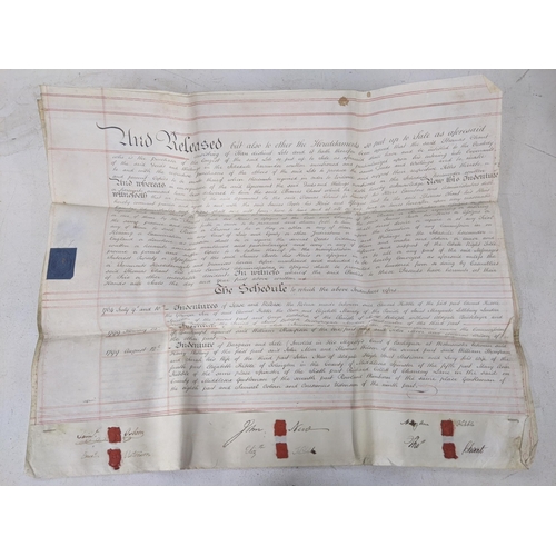 89 - Seven indentures relating to buying and selling agreements along with a modern reproduction of a map... 