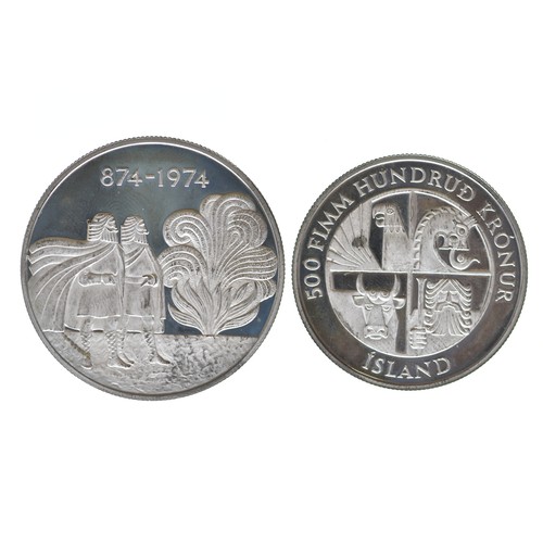 53 - 1975 Iceland Silver Two-Coin Set Celebrating 1100 Years of Iceland - to include a silver 500 and 100... 