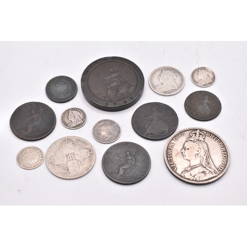 71 - A collection of George I - Victoria coins of interest to include 1892 Crown, 1871 'Gothic' Florin, 1... 