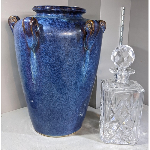 523 - A studio pottery blue glazed vase, possibly Japanese, together with a decanter Location: 10.1
If the... 