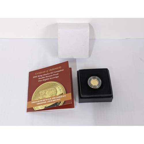 526 - A 2023 King Charles III Coronation double portrait proof one-eighth sovereign, boxed with a certific... 