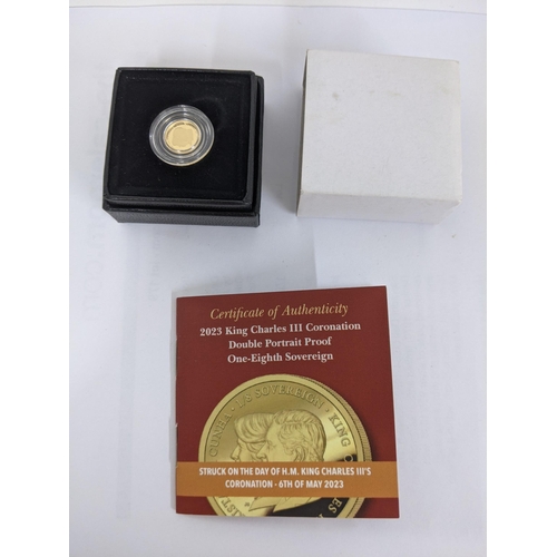 527 - A 2023 King Charles III Coronation double portrait proof one-eighth sovereign, boxed with a certific... 