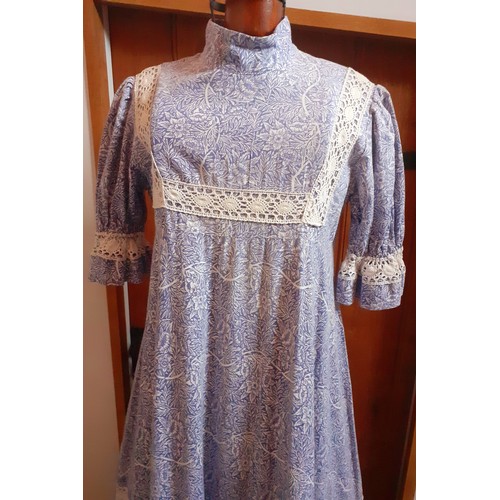 8 - Laura Ashley-A 1970's full length cotton prairie dress in blue and white with floral and leaf design... 