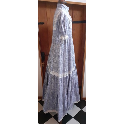 8 - Laura Ashley-A 1970's full length cotton prairie dress in blue and white with floral and leaf design... 