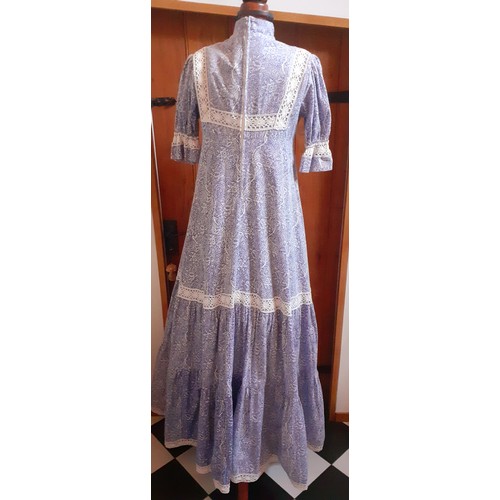 8 - Laura Ashley-A 1970's full length cotton prairie dress in blue and white with floral and leaf design... 