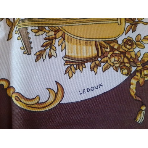 1 - Hermes- A 1970's 'Chansons de France' silk scarf designed by Phillippe Ledoux in brown, cream and go... 