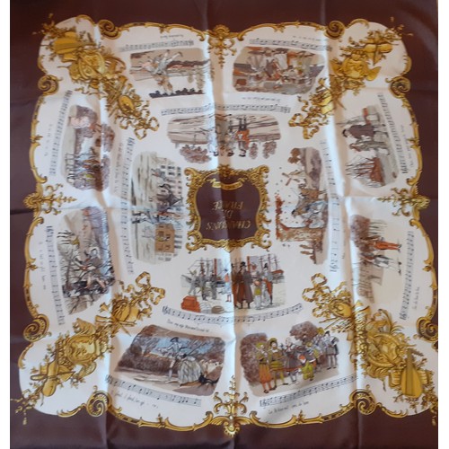 1 - Hermes- A 1970's 'Chansons de France' silk scarf designed by Phillippe Ledoux in brown, cream and go... 