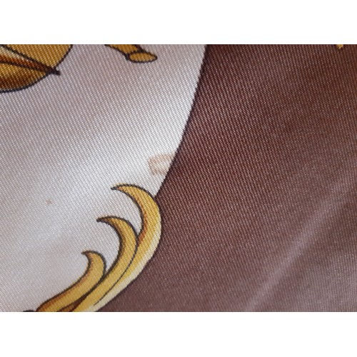 1 - Hermes- A 1970's 'Chansons de France' silk scarf designed by Phillippe Ledoux in brown, cream and go... 