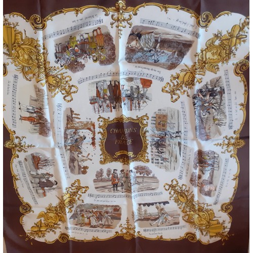 1 - Hermes- A 1970's 'Chansons de France' silk scarf designed by Phillippe Ledoux in brown, cream and go... 