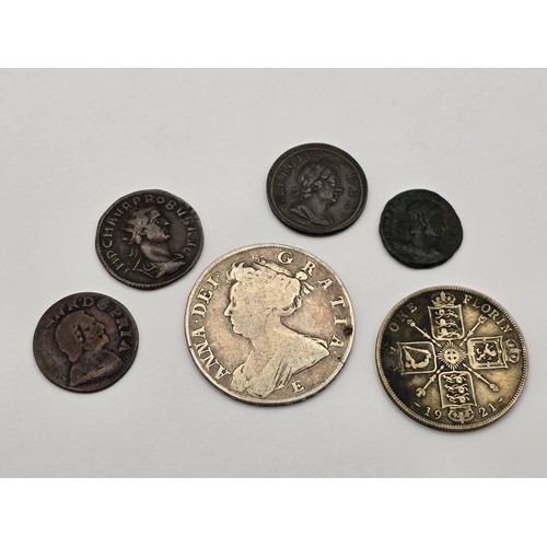 120 - Mixed coins of interest to include Queen Anne Edinburgh mint 1707 Halfcrown, 1921 Florin, 1717 'Dump... 