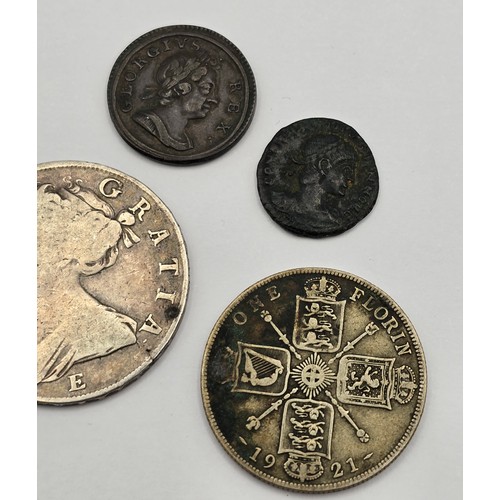 120 - Mixed coins of interest to include Queen Anne Edinburgh mint 1707 Halfcrown, 1921 Florin, 1717 'Dump... 